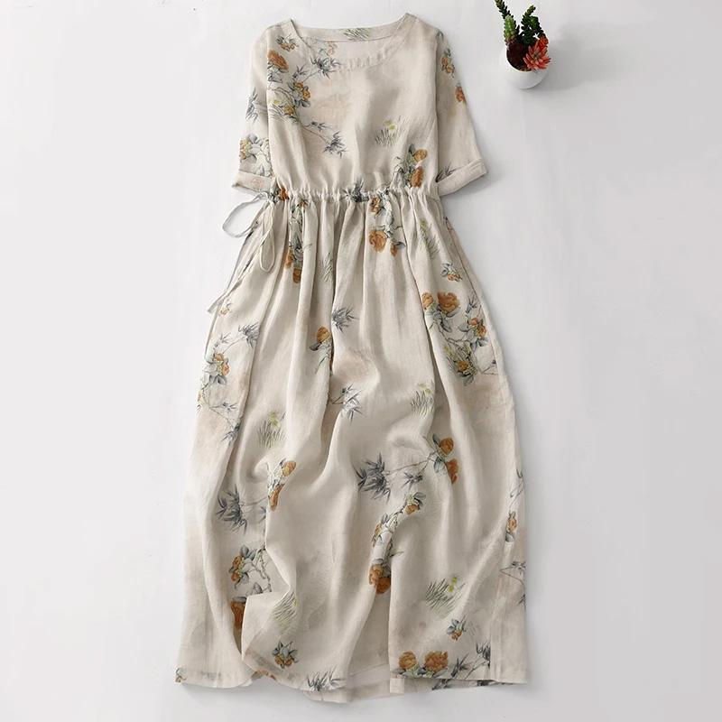 Dress Women Summer Floral Soft Casual Versatile Skirt Loose Skin-friendly Waisted Hemp Dresses