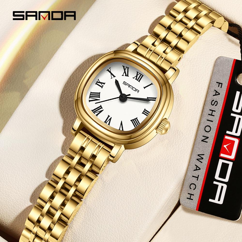 SANDA Women Quartz Watch Fashion Elegant Rose Gold Simple Roman Analog Display Stainless Steel Strap Wristwatch for Ladies