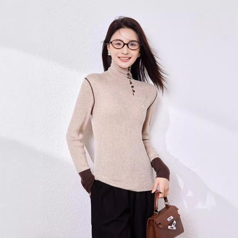Autumn New Design Contrasting Color Splicing Turtleneck Knitted Sweater Silk Wool Blended Backing Inner Top