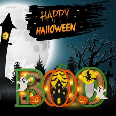 Halloween Nattlampa Trä Upplyst Boo Ornament Pumpa Spöke Slott Bordsdekoration med Ljus för Hem Spiselbord Matsalsbord