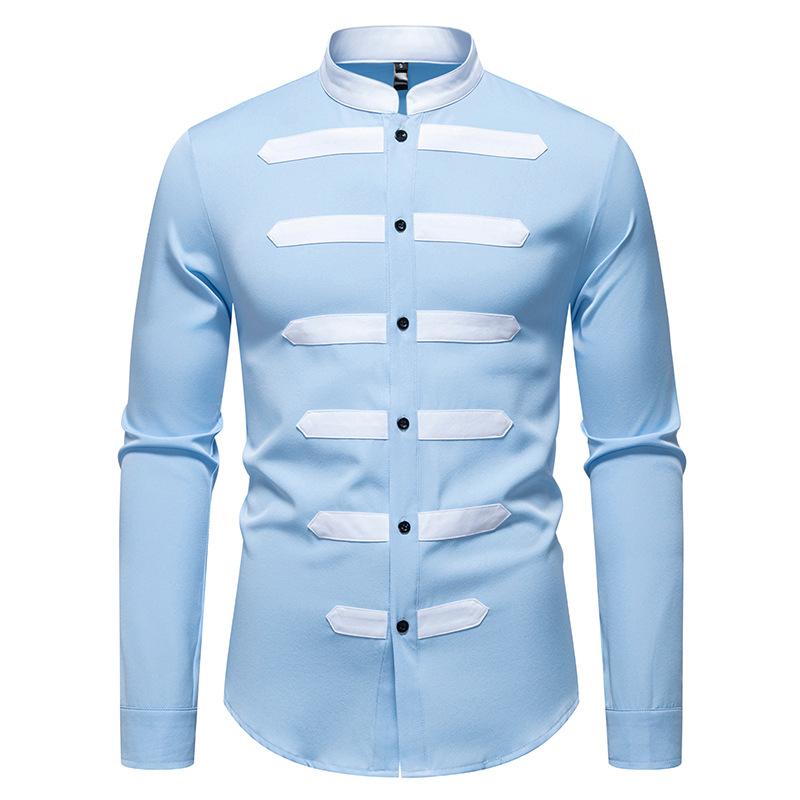 Men's Stand Collar Contrast Panel Dress Shirt Long Sleeve Fashion Slim-Fit Top for Men Spring Autumn Multi-Color Male Formal Blouse