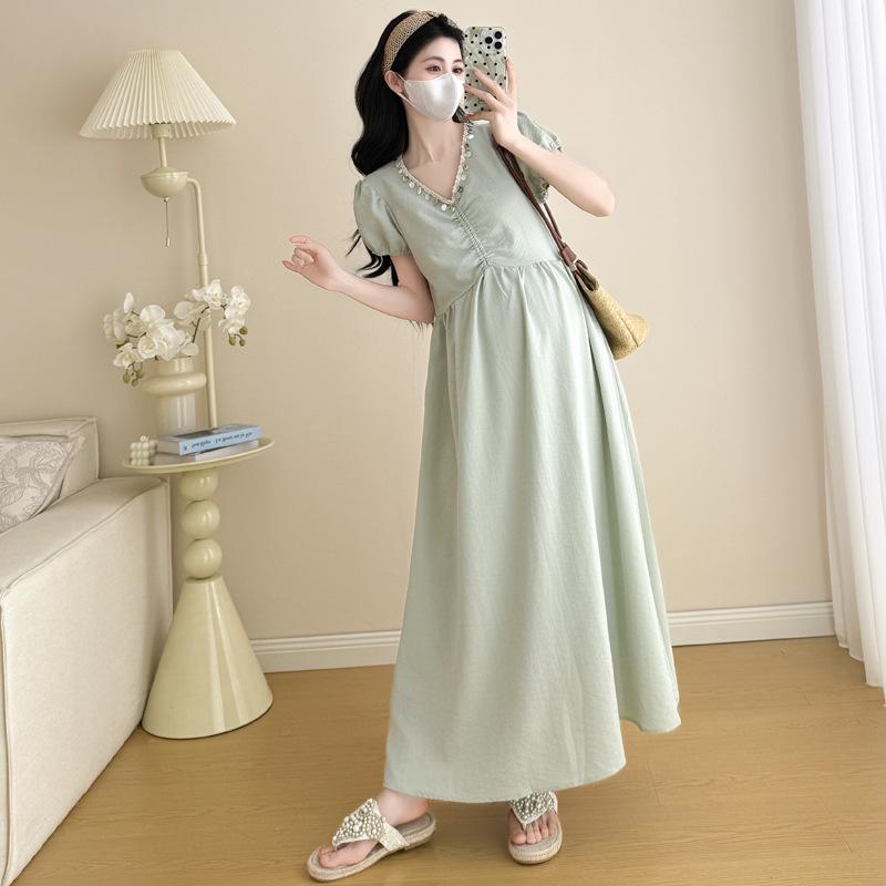 2026 Summer Maternity Dress: Elegant Neckline with Sequins, Loose Fit