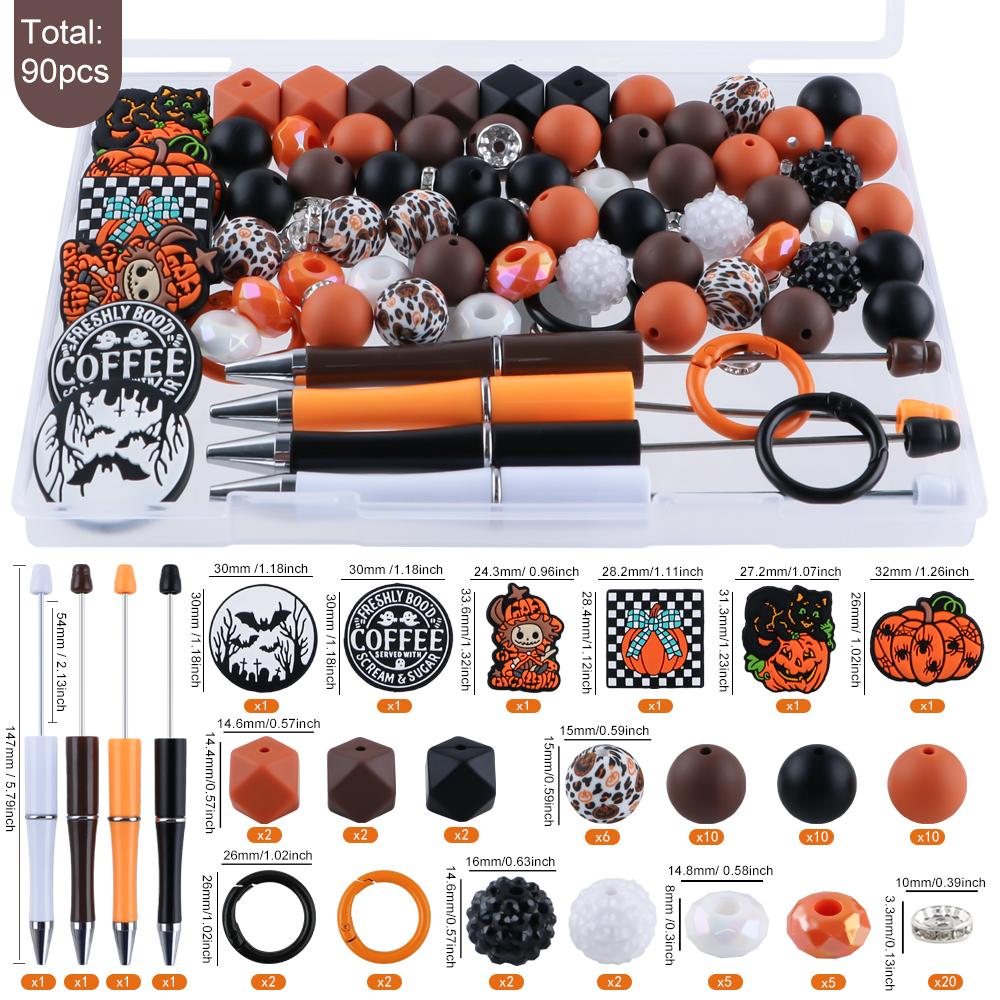 90Pcs/Box New Halloween Christmas Silicone Beads, Acrylic Beads, Pen Combination For DIY Accessories, Keychains, Etc