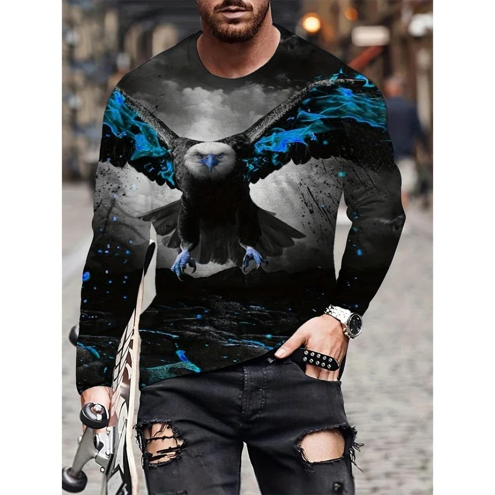 Street trend 3D eagle print men's casual round neck long sleeved T-shirt