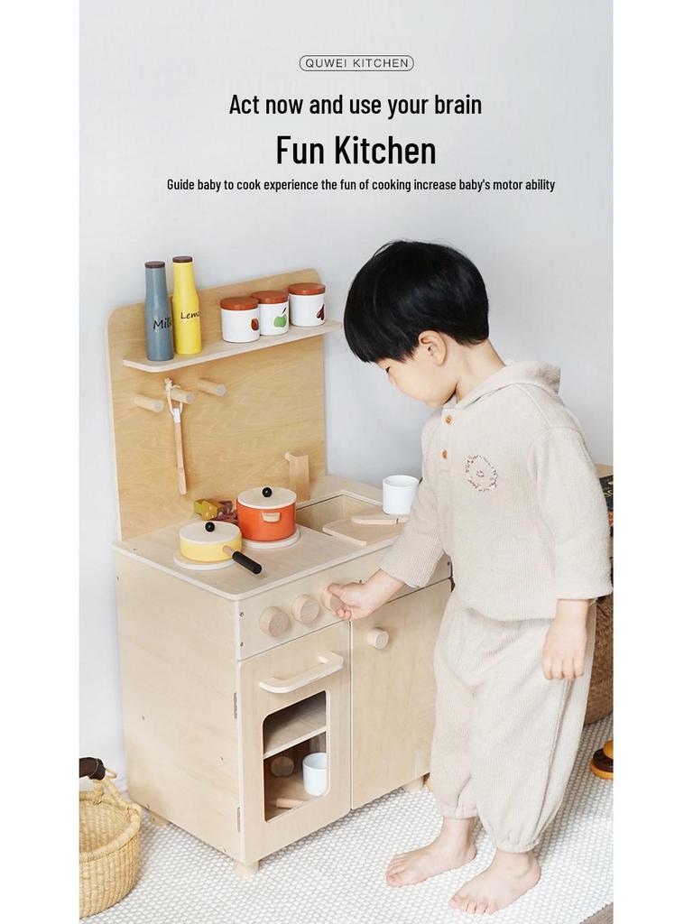 Nordic-Style Wooden Pretend Play Kitchen Set for Kids - Spatula, Stove, and Food Cutting Accessories