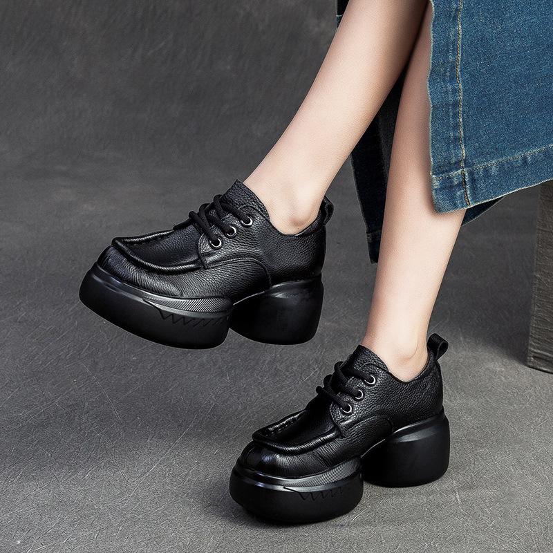 GKTINOO Retro Genuine Leather Thick Sole Pumps 2025 Spring New British Style Women's Round Toe Platform Shoes