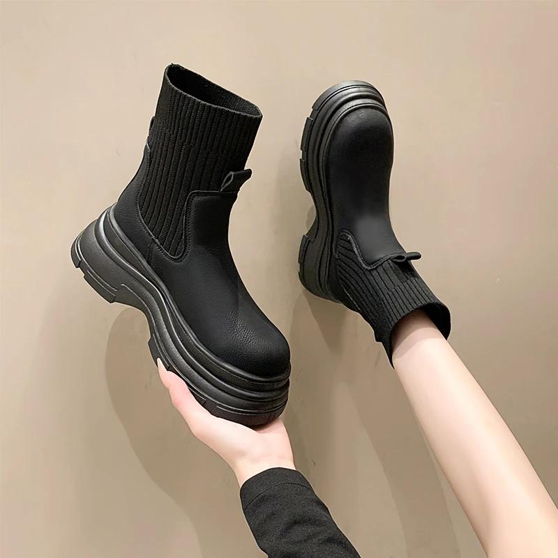 Women Chelsea Boots Autumn New Black Mid Ankle Platform Lady Shoes Female All Match Classic Concise Fashion Round Toe Boots