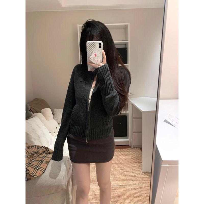 

Double Zipper Slim fit Knit cardigan Dark Gray All-Matching Korean Series Crop Sweater Outerwear Women Spring and Autumn Gyaru Top Gray quality version S
