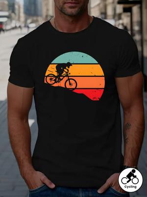 Mens Retro Mountain Bikepatterned Tshirt Casual Roundneck Shortsleeved Shirt Light and Comfortable for Summer Outings