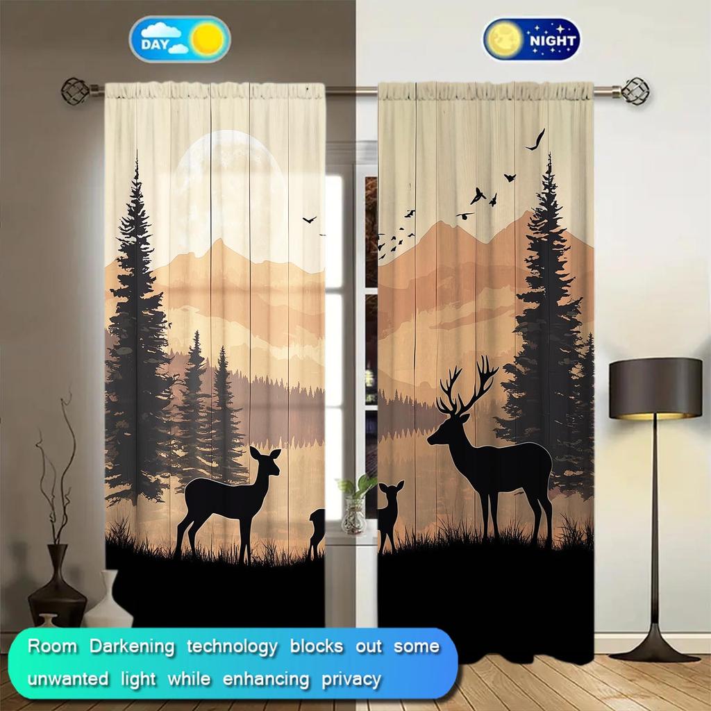 2pcs Nordic Elk Forest Silhouette Curtains Suitable for Family and Friends   Sunshade and Privacy Protection