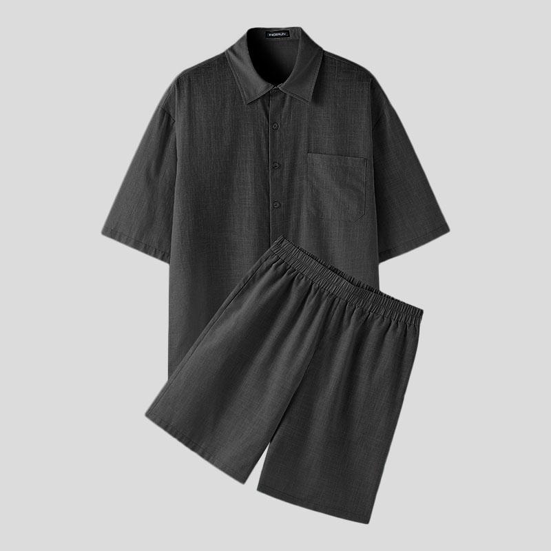 

INCERUN Men Summer Sets Lapel Neck Buttons Up Shirts Short Pants Casual Two Piece Suit S чёрный