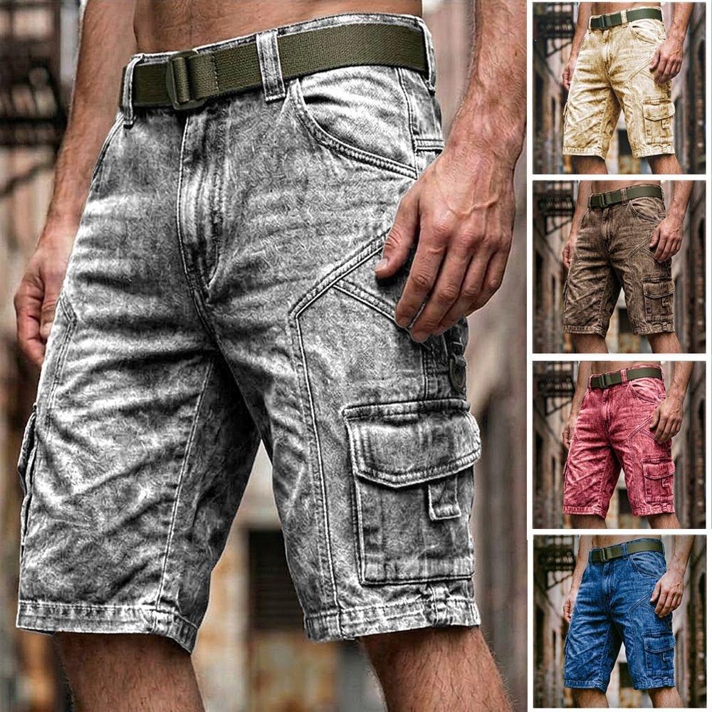Letní Pánské Džínové Šortky Cargo s Více Kapsami Denní Ležérní Streetwear Vintage Jednobarevné Módní Džínové Šortky Muž