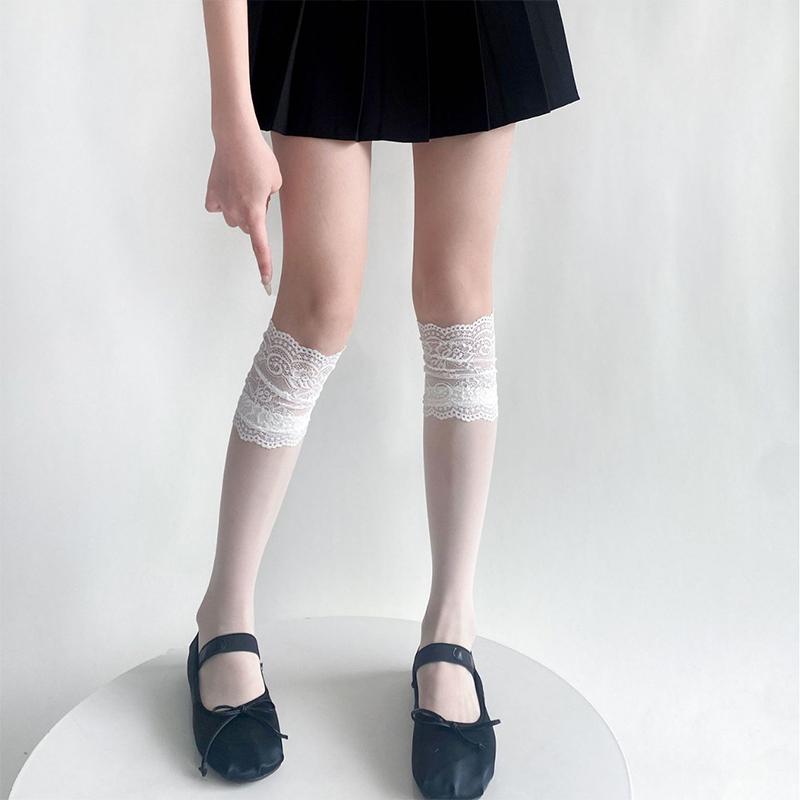 Ultra Thin Transparent Women Lace Ruffle Long Socks Stockings JK Lolita Sweet Girls Sexy Lace Mesh Fishnet Stockings Knee Socks