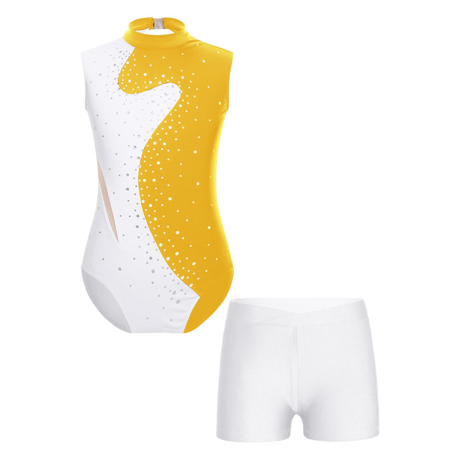 

Girls Color Block Leotard Keyhole Back Rhinestones Bodysuit with Shorts for Gymnastics 7-8 Years