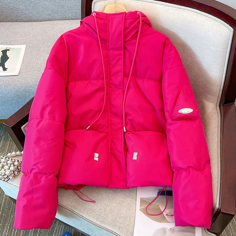 Women Autumn Winter Hooded Collar Long Sleeve Solid Color Warm Coat Drawstring Zipper Loose Parka