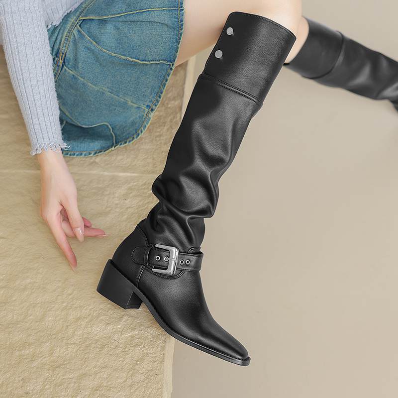 Krazing Pot Zapatos de Microfibra con Pelo Otoño Invierno Tacón Medio Grueso Botas de Montar Remaches Punta Cuadrada Mantener Caliente Botas Altas hasta la Rodilla