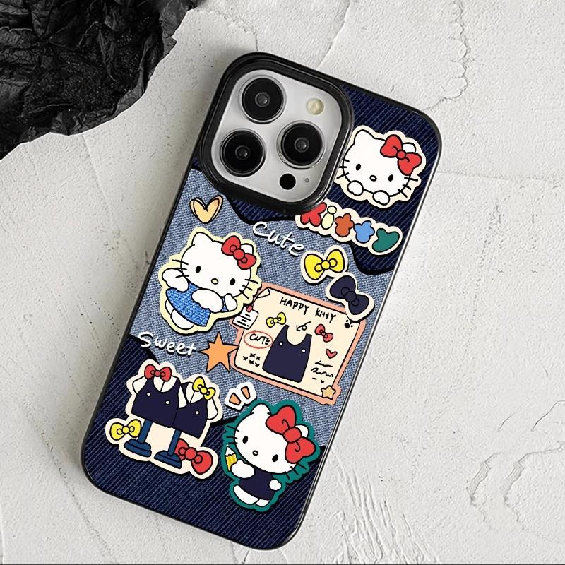Denim pattern KT cat is suitable for Apple 16promax mobile phone case 14Plus niche 13 film X two-in-one 15 women x