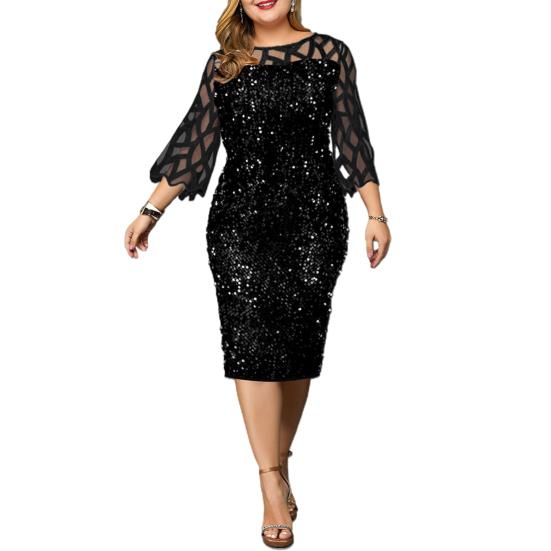Damen O-Ausschnitt, 3/4-Ärmel, transparentes Patchwork, glänzende Pailletten, figurbetontes, knielanges Kleid