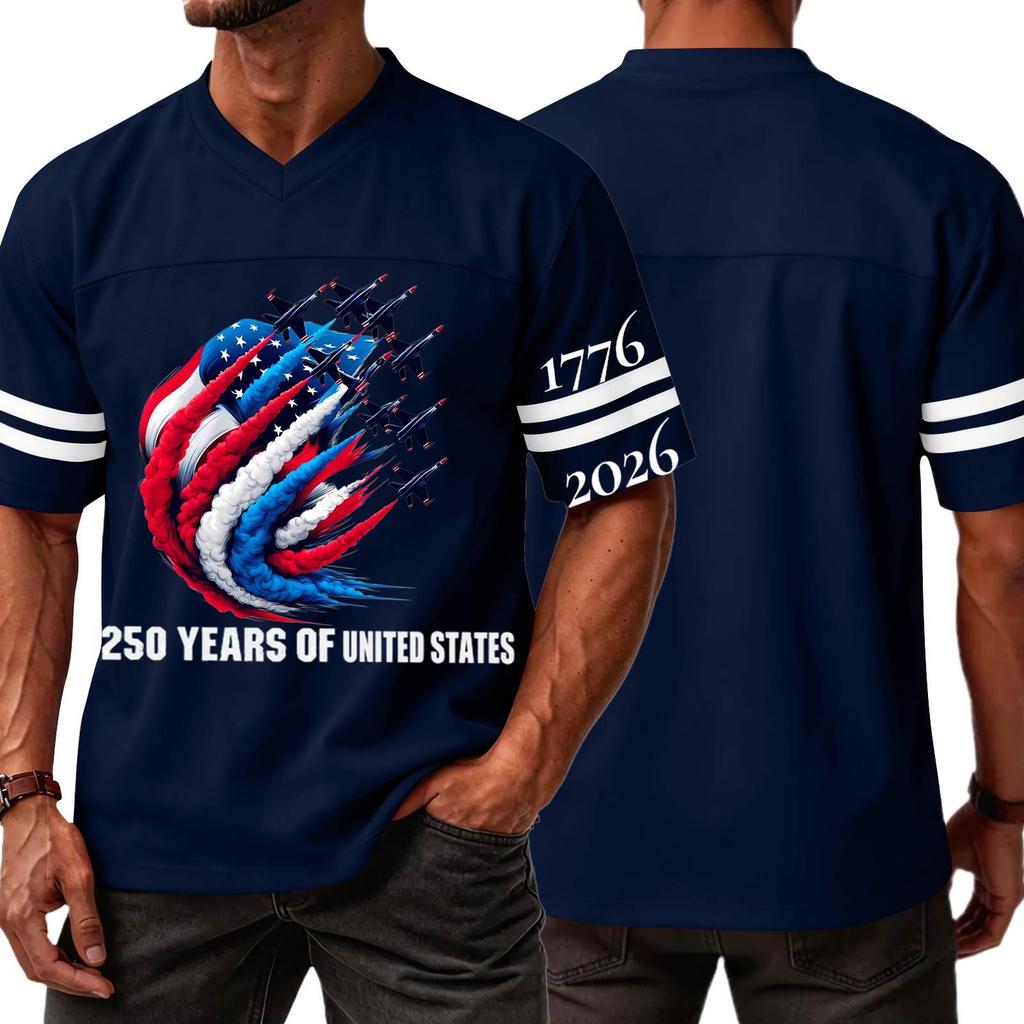 Men's Casual V Neck Short Sleeve Sports T Shirt Independence Day Themed Graphic Tee with Lettering and Airplane Design Athletic Fit