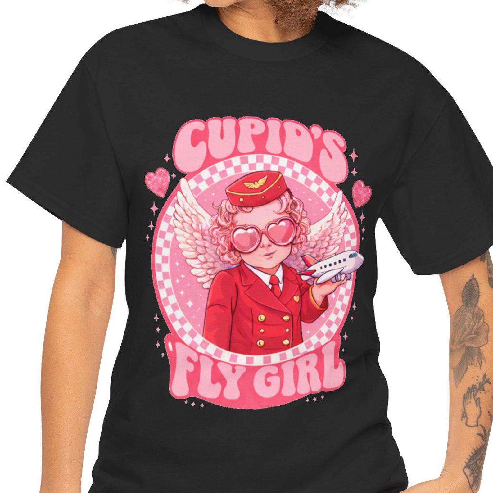 Cupid s Fly Girl Tee | Retro Cupid Flight Attendant Valentine Shirt XL