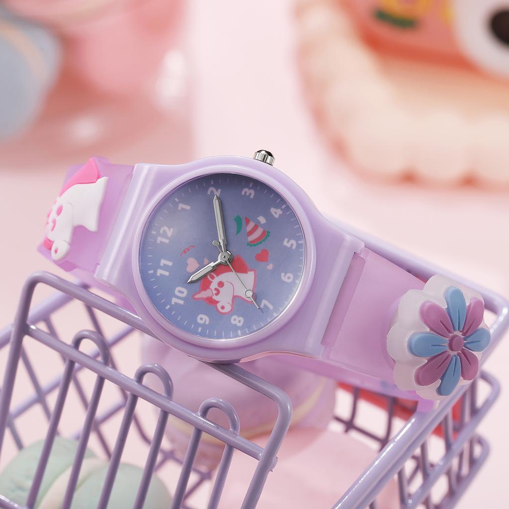 Novo estilo relógio de pulso de quartzo de desenho animado de festa de unicórnio para meninas, pulseira de silicone, relógio de quartzo bonito e colorido para estudantes