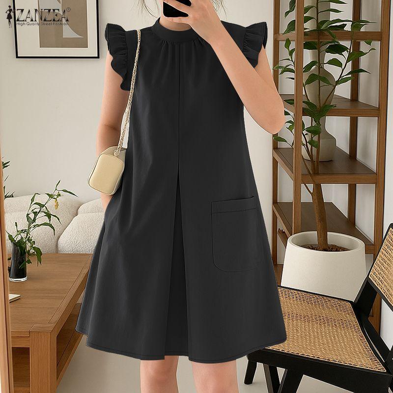ZANZEA Women Casual Stand Collar Summer Sleeveless Dress