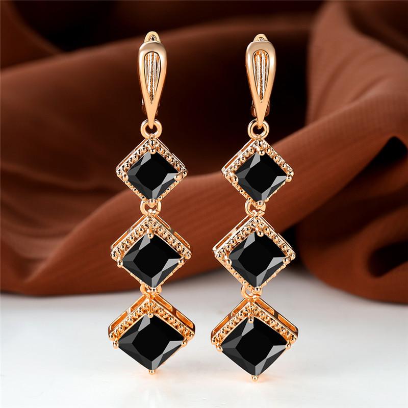 Náušnice s klipom v ružovozlatom prevedení s kamienkami v farbe birthstone, modrý zirkónový kameň, dlhé visacie, svadobné, pre ženy