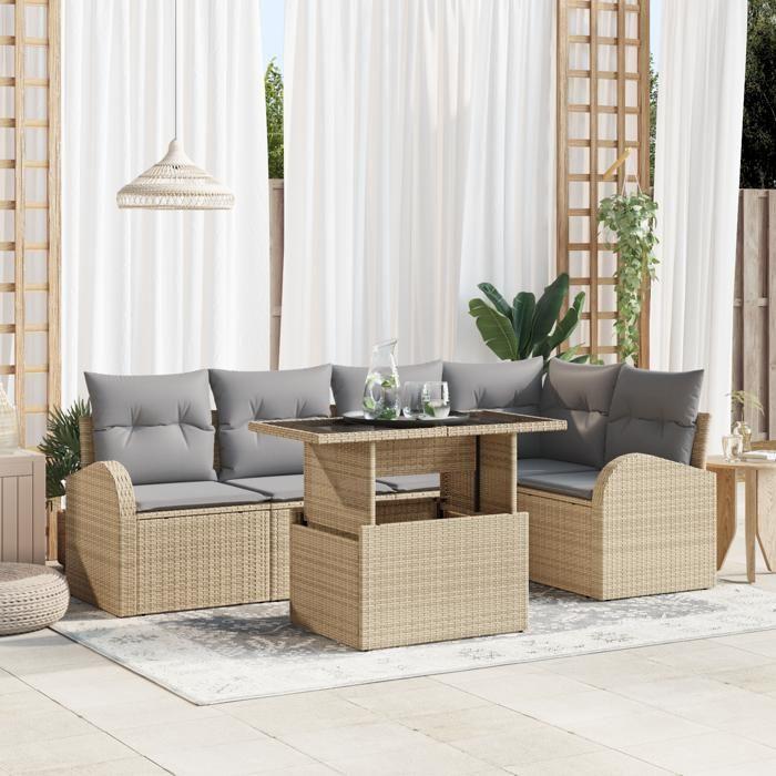 Ensemble de Canapés de Jardin 6 Pièces avec Coussins Beige Rattan Poly, Canapé de Jardin 2 Places avec Rangement &amp; Coussins 3357383