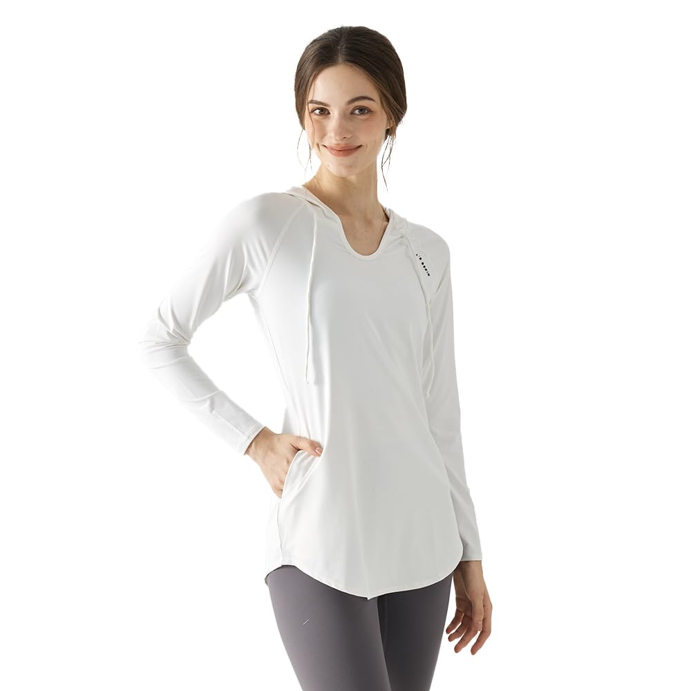 Yomoment Long Sleeve with Sun Round Perfect for Hot and White Women's T-Shirt Hood, Protection, V-Neck, Hem, Sweat-Wicking, Quick-Drying, Yoga,