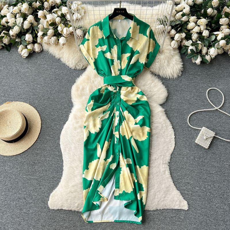 

Платье с принтом, однобортное, с ретро лацканами и драпировкой Green S