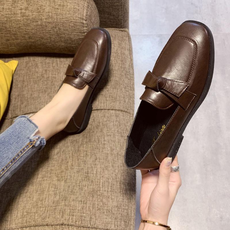 Einzelschuhe Damen Flache Schleife Retro Britischer Stil Kleine Lederschuhe Vielseitige Ein-Pedal-Loafer Aus Weichem Leder