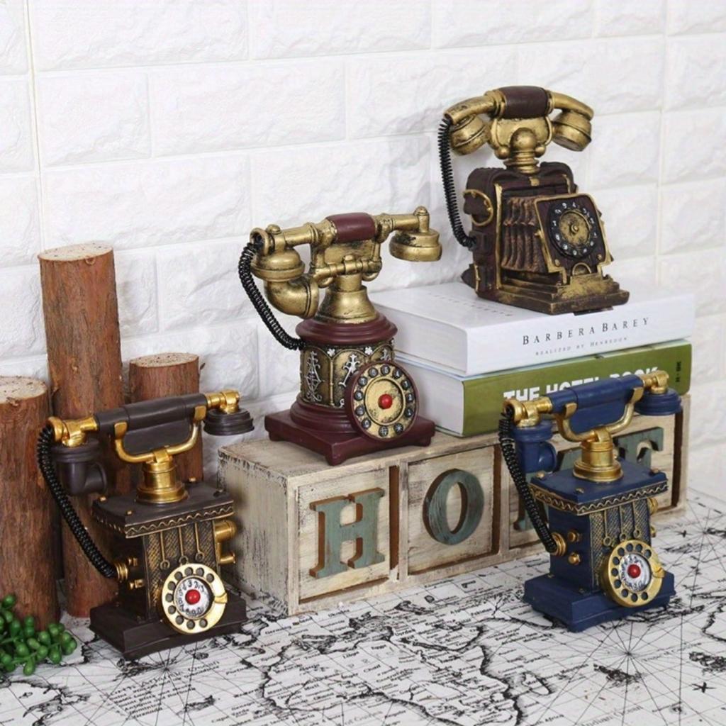 7.4" Retro Resin Telephone Figurine Vintage Rotary Dial Phone Craft Bar Coffee Shops Decorative Statues Sculptures