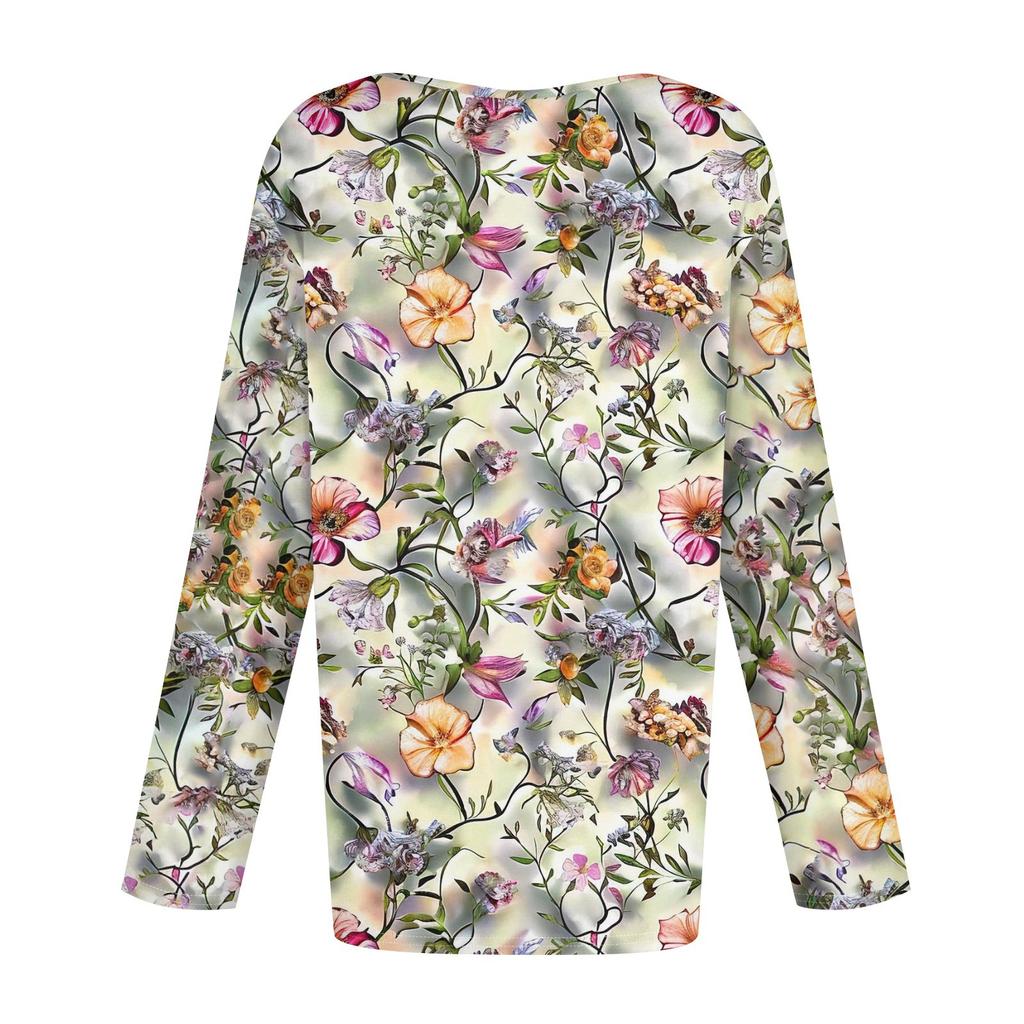 Women's Fashion Casual Vintage Floral Print Round Neck Long Sleeve Decorative T-Shirt Top