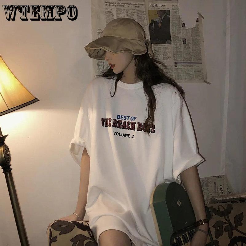 WTEMPO Women Casual Loose Basic Letter Printed Tops All-match College Style Street Female Short Sleeve T-shirts