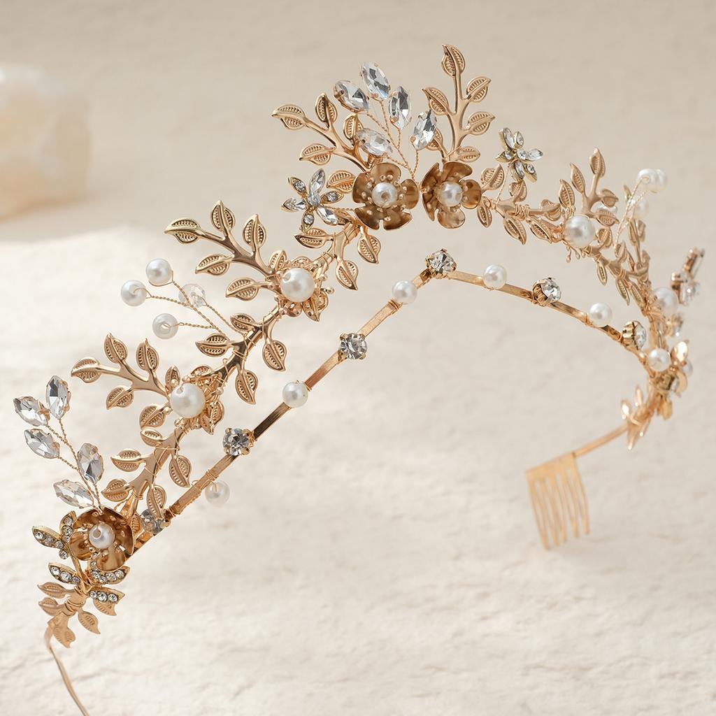 Leaf Wedding Crown for Bride Pearl Floral Bridal Tiara Vintage Grecian Goddess Headpiece Forest Style Bohemian Hair Accessories