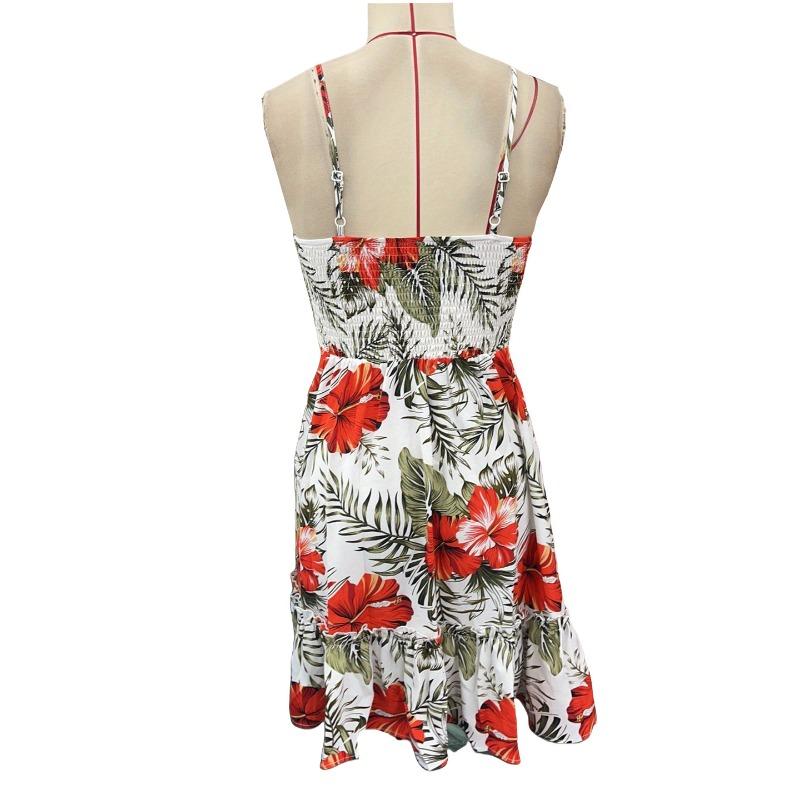 Women's Floral Print Holiday Spaghetti Strap Lace Patchwork Peplum Beach Dress