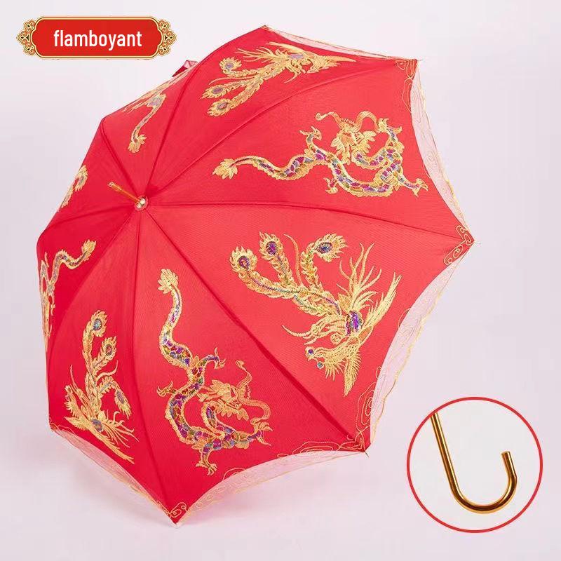 Eleganter roter Brautschirm mit gestickter Spitzkante und langem Griff für Hochzeiten