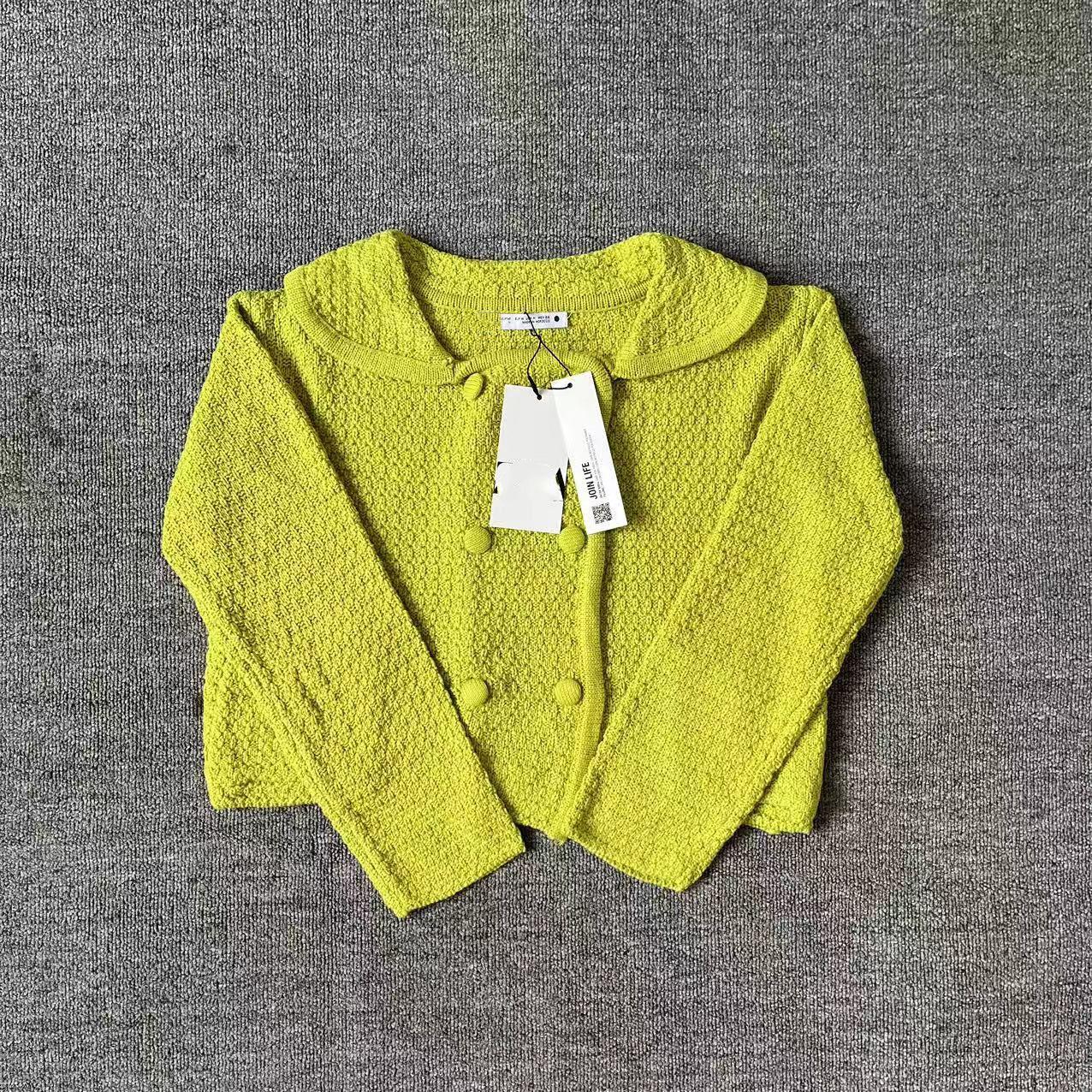 

Женская универсальная вязаная верхняя одежда Осень/Зима 2024: Объемный лонгслив, маленький круглый лацкан M жёлтый