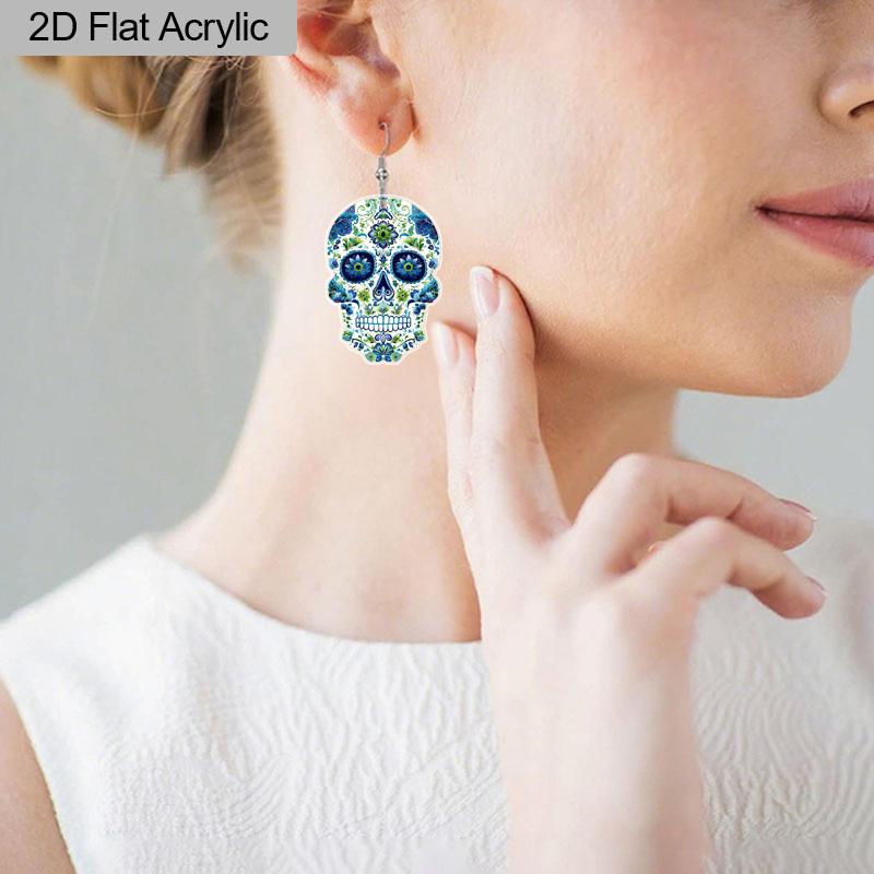 2D Flat Cute Halloween Sugar Skull Earrings Dangle Acrylic Day of the Dead Decor Gifts for Women Festival Charms
