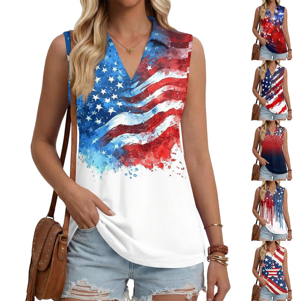 Women's Fashion Casual Button Sleeveless Independence Day Print V Neck Turn Down Collar Tank Top Summer Loose Fit Blouse