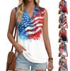 Women's Fashion Casual Button Sleeveless Independence Day Print V Neck Turn Down Collar Tank Top Summer Loose Fit Blouse
