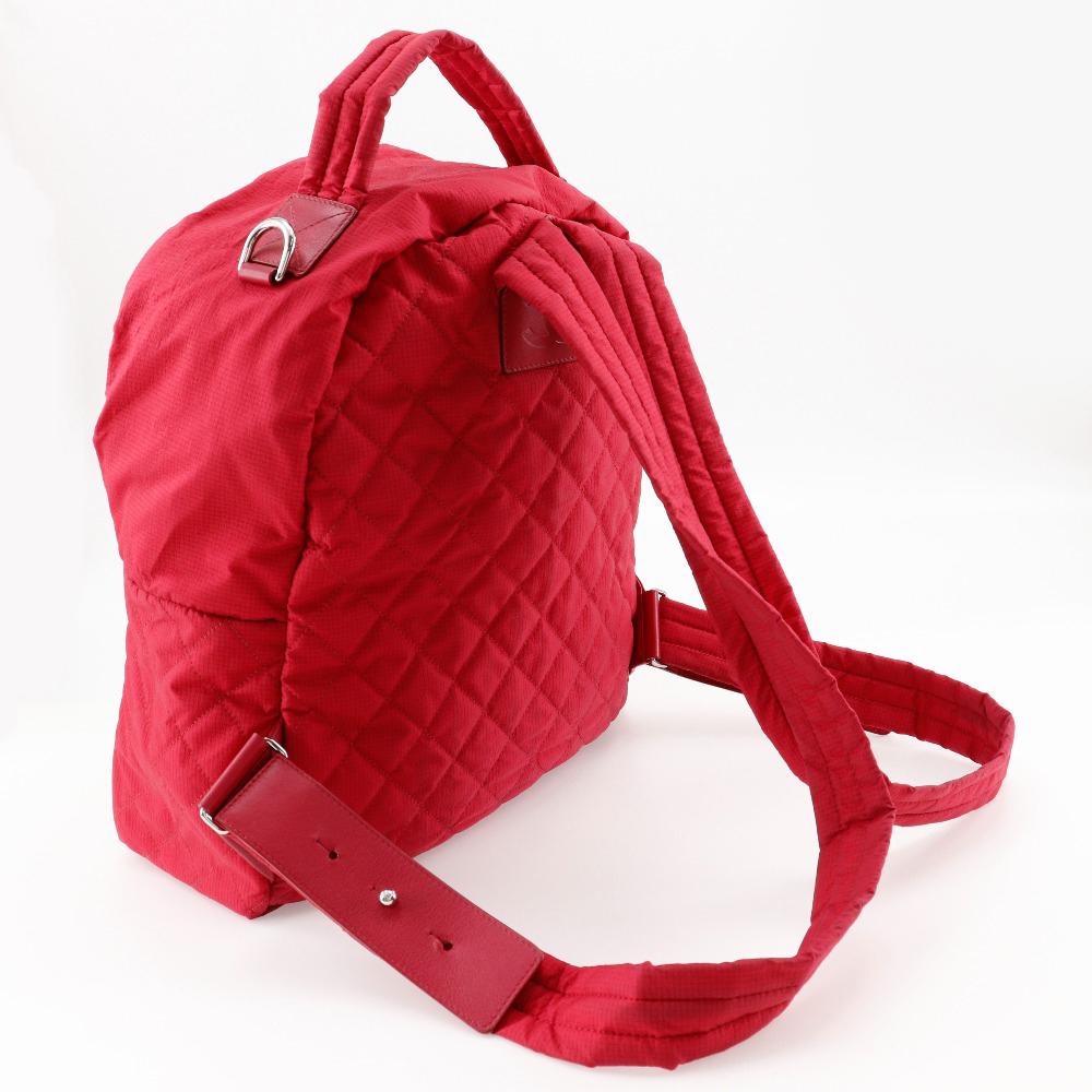 CHANEL COCO Mark Backpack Daypack Matelasse Red Nylon Women Used