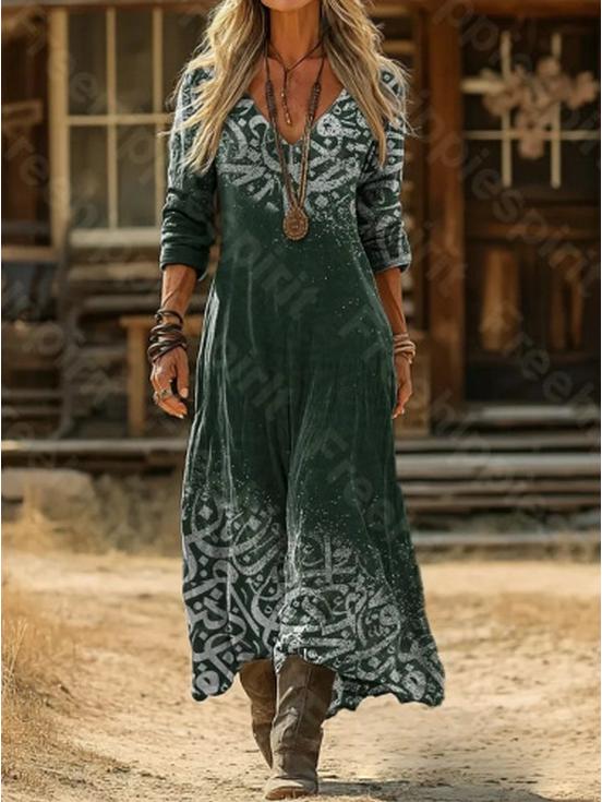 Damen Retro Blumenmuster Langarmkleid - Europäischer & Amerikanischer Stil