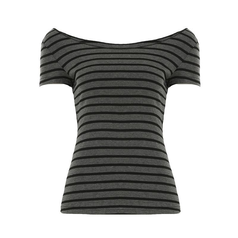 T-shirt a maniche corte a righe off-the-shoulder da donna, maglione casual largo con scollo rotondo, top aderente da abbinare sotto