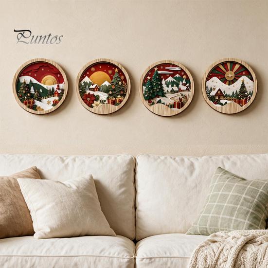 Living Room Wall Ornament Round Wooden Winter Mountain Art with 3D Layered Snow Scenery for Holiday Nature Inspired Home Decor Decor, Rustic Christmas