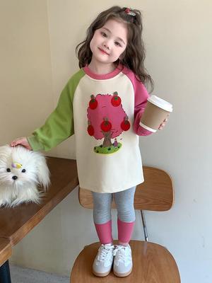 2025 Spring/Autumn Apple Tree Print Sweatshirt Set for Baby Girls - Trendy Color Block Fashion