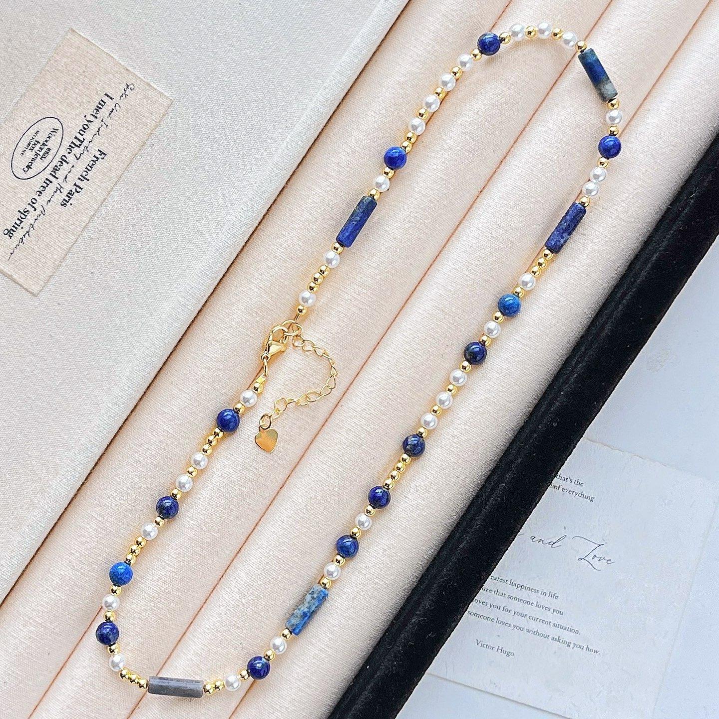 

High Quality Natural Lapis Lazuli High Gloss Artificial Crystal Pearl Gypsy Collarbone Chain Necklace Female