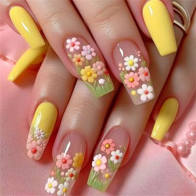 Square Press On Nail Flower Fake Nail Stick On Nail In 12 Sizes,24 Pcs French Nail Tips for DIY Nail Art Decorations