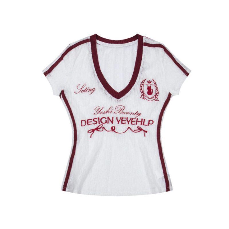 

Pure Desire Hot Girl Lace V-Neck Short Sleeve T-Shirt for Women, Summer Ins Style Slim Fit Design Top White S