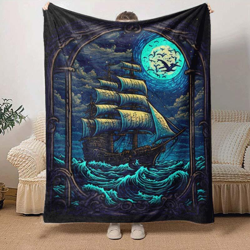 1pc Boat Printing Lightweight Flannel Blanket, Comfortable and Warm Blanket, for Camping Sofa Bed and Couch Office, Suitable for Gift Blanket